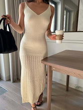 LIZAKOSHT  -  Knitted Tube Long Dress For Women Hollow Out V-neck Sleeveless Waist Cinching Slip Robe 2025 Autumn Elegant Female Party Dresses